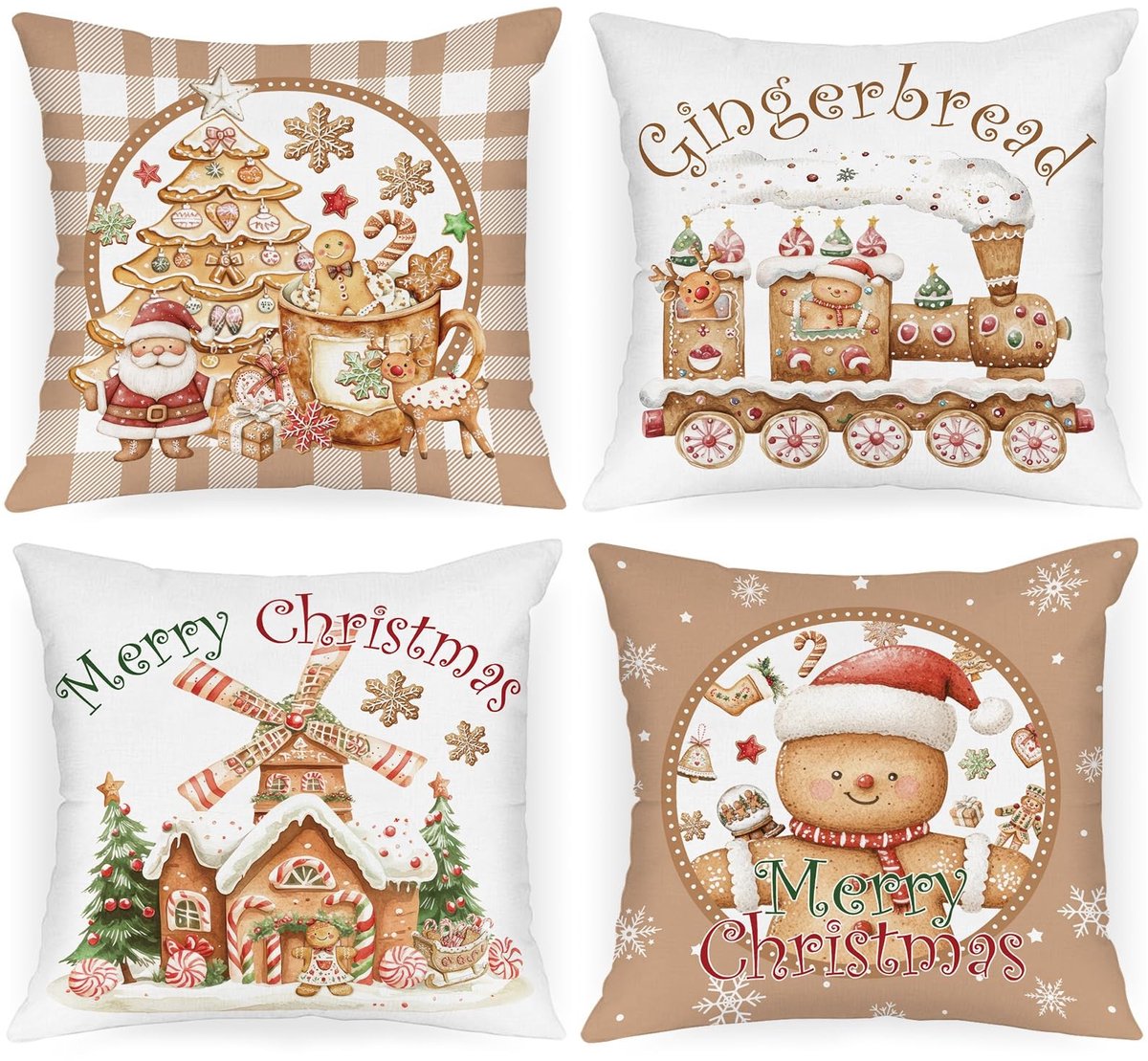 MTTproducts- Kussenhoezen 40 x 40 cm Set van 4 - Kerst Decoratieve Kussenhoezen - Peperkoekmannetje - Luxe Pluche - Kindvriendelijk - Huisdiervriendelijk - Decoratieve Kussenslopen