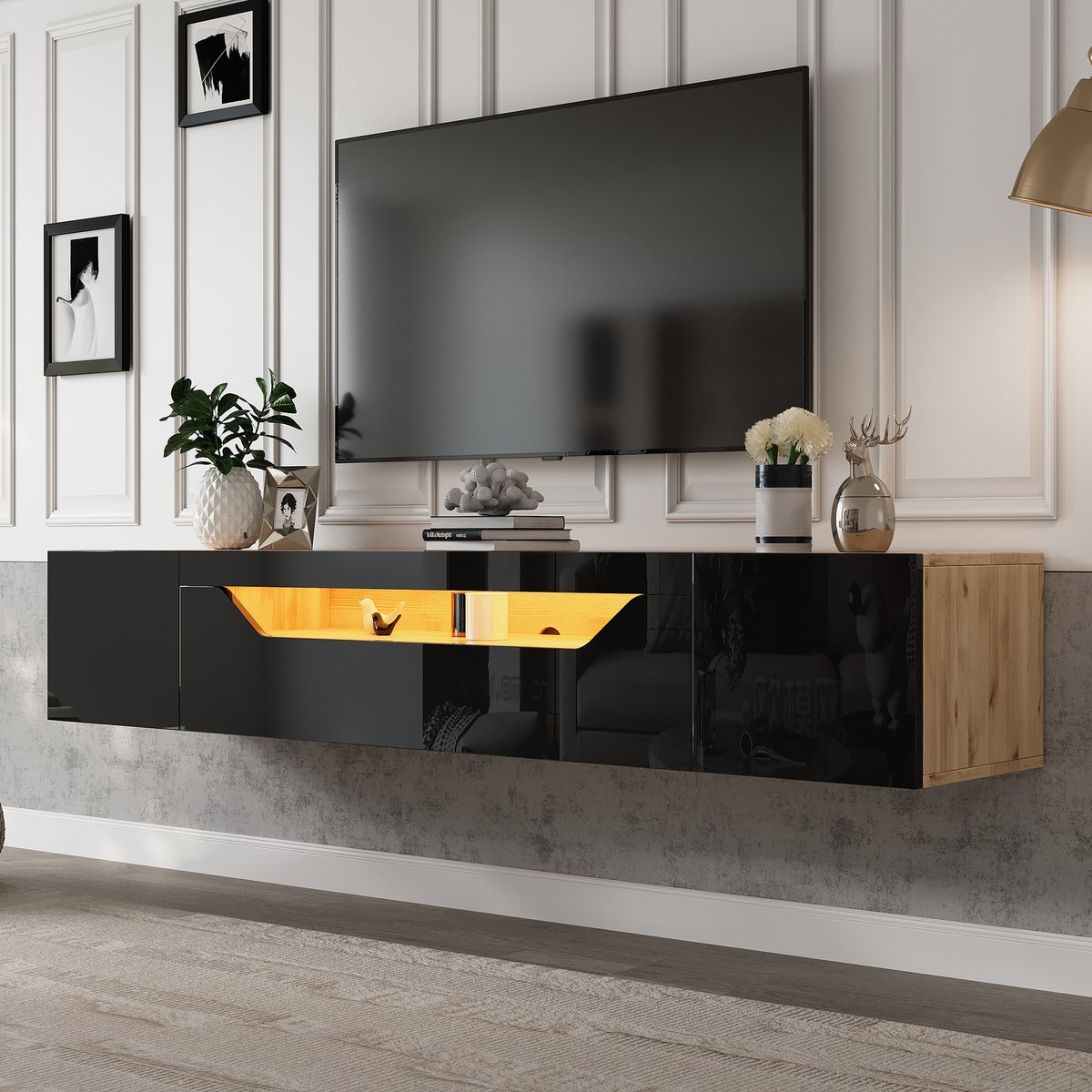 Re-purelife® modern zwevend tv-meubel 180×37×36 cm - wandmontage lowboard met 3 opbergvakk