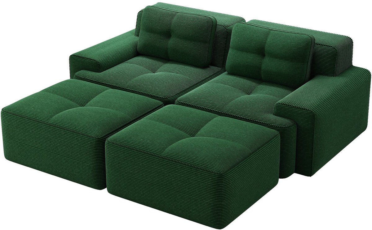 Merax U-Vormige Cloudbank 2-Zits - Groene Ribstof Loungebank 204 cm - Modulaire Bank met Hocker - Diepe Zitting - Antislip Onderzijde - Geen Montage Nodig