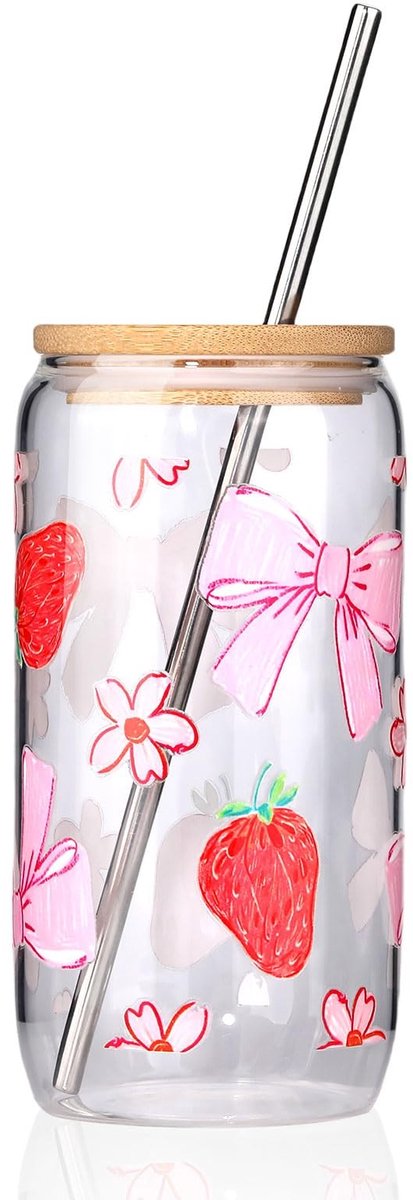Cosensi- Glas 16 oz - Elegante Tumbler - Deksel/Rietje - Roze Strikstickers - Drinkervaring - Hoogwaardig Glas