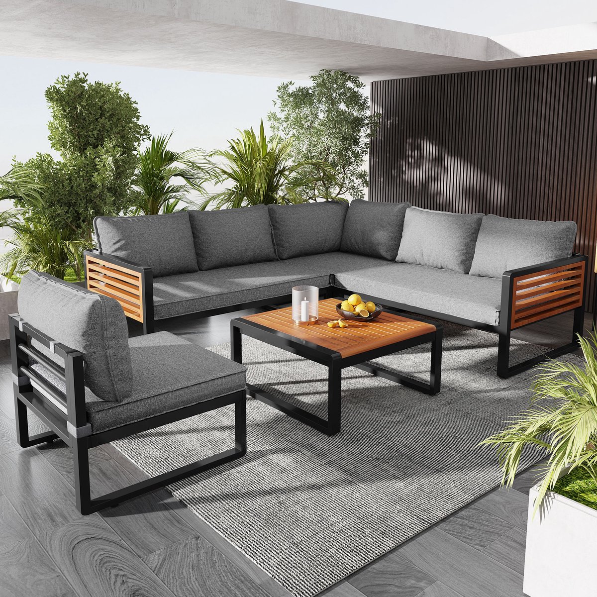 Zubaliya Tuinloungeset - 5-6 Persoons - Modulair - Verzinkt IJzeren Frame - Houten Armleuningen