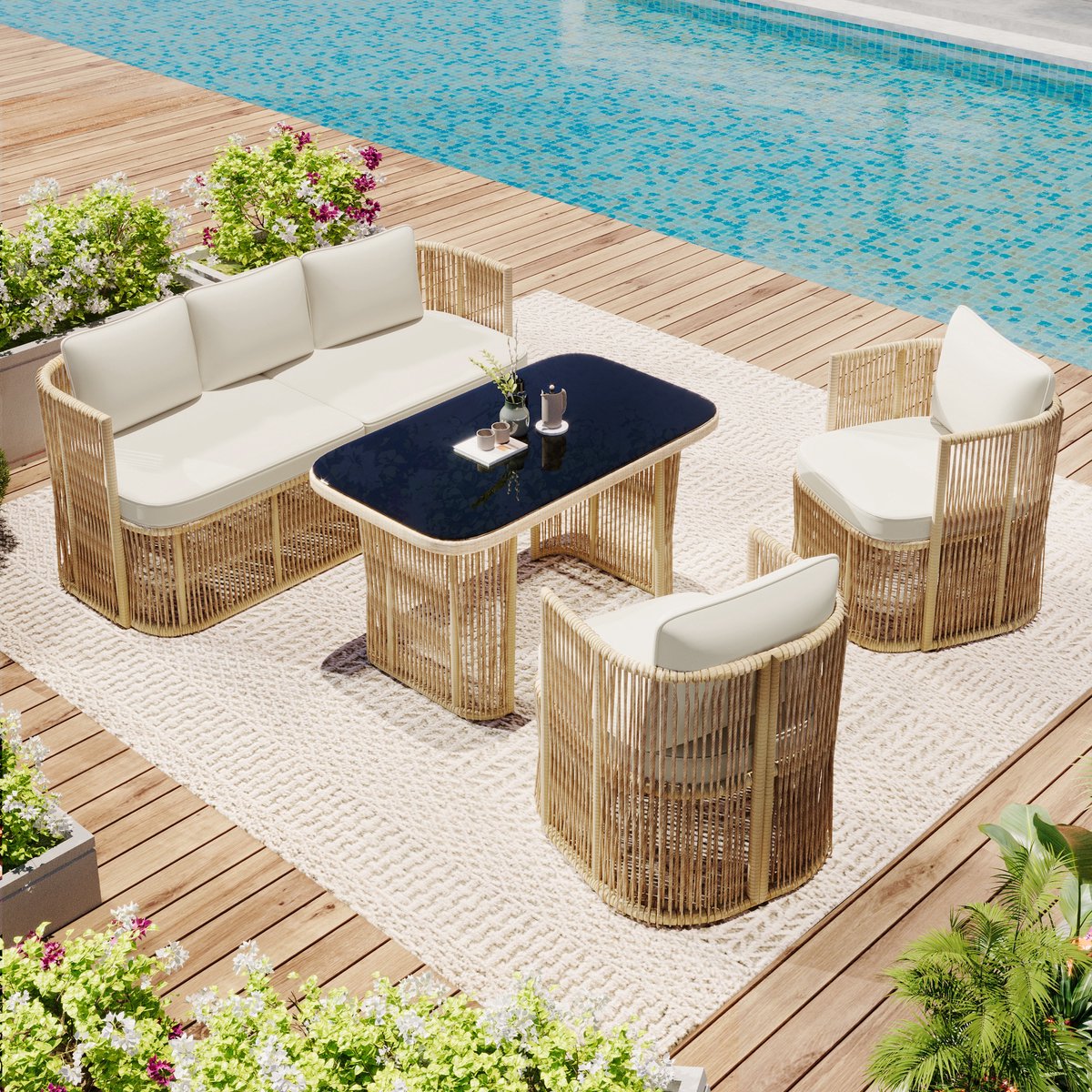 Zubaliya 4-delig PE Rotan Tuinmeubelset - 3-zits Sofa & 2 Fauteuils - Geharde Glazen Tafel - 8 cm Zitkussens