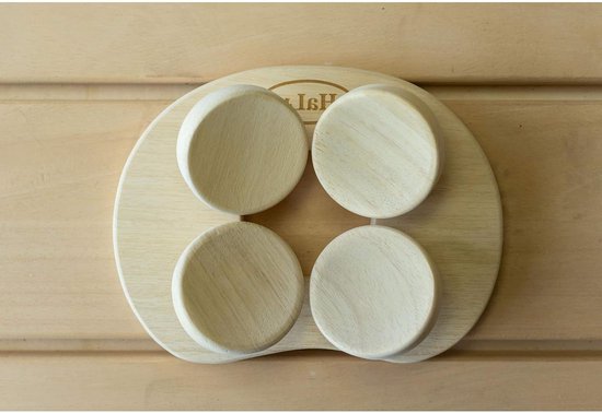 Houten saunakussen met vier ronde, verstelbare houten schalen.
