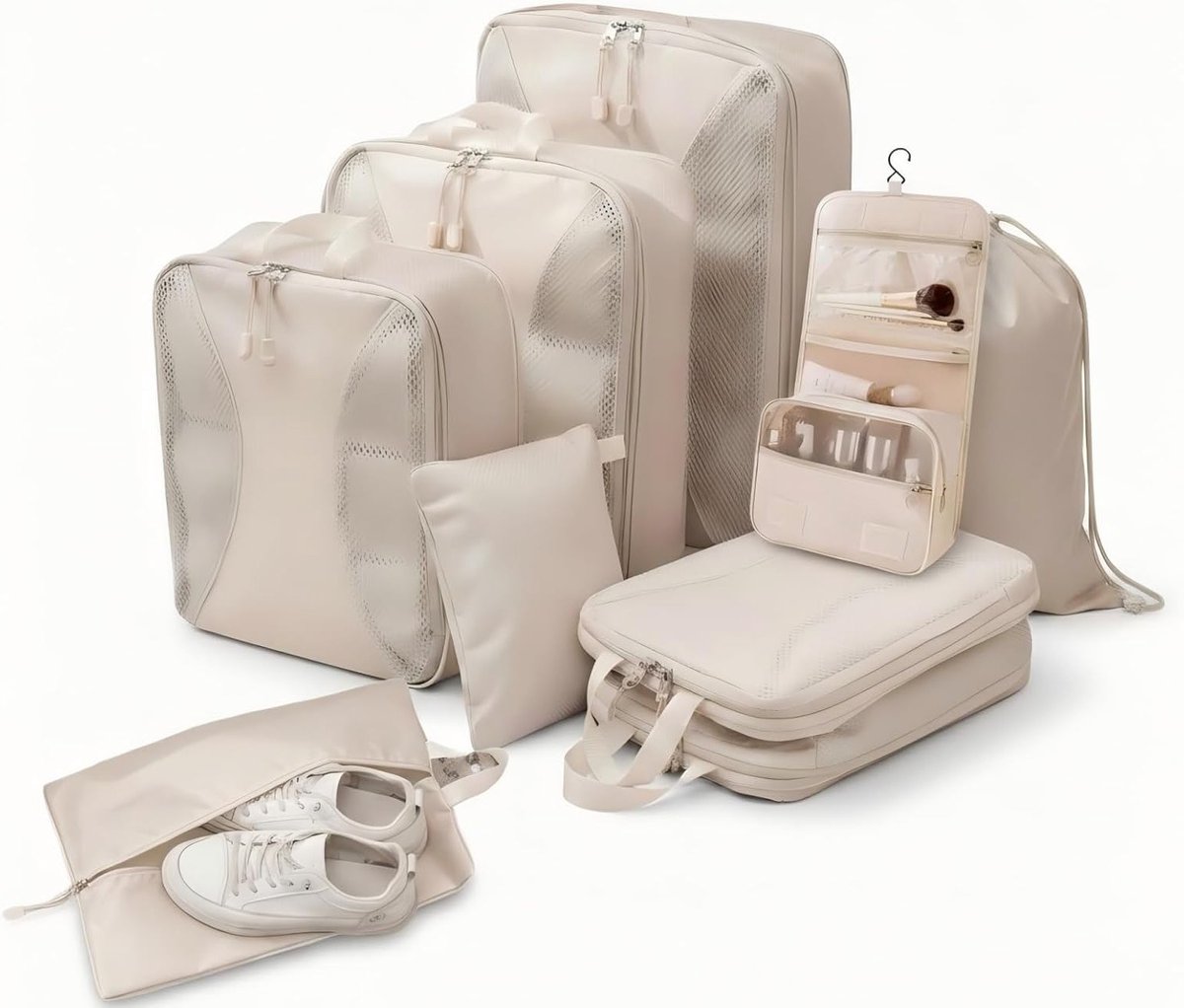 Complete Reisorganizers Set – Inpak Cubes met Schoenentas, Toilettas en Wasmand, Ideaal voor Zakenreizen en Weekenduitjes (Beige, 9 Stuks)