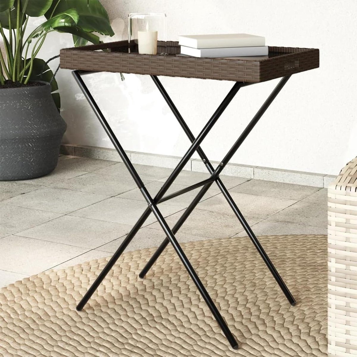 Inklapbare bijzettafel - Tuin tafel Serveertafel - Buiten genieten - Afneembaar dienblad - 65x40x75 cm - Bruin