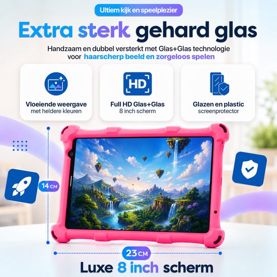 Tablette enfant AngelTech PRO MAX - Tablette enfant 8 pouces la plus rapide du marché - 4 Go de RAM - 64 + 64 Go de stockage - Perfect pour École - Contrôle parental - Aussi pour Adultes - Housse de protection Fidgy 360° - Rose ou Blauw