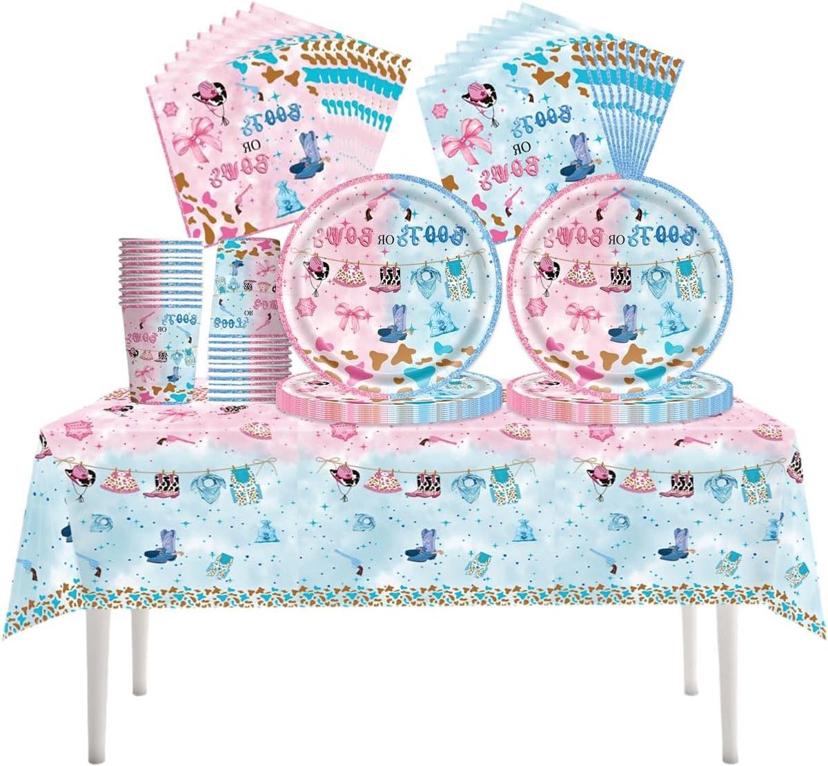 Feestservies Set - Cowgirl Servies - Gender Reveal Feest - Biologisch Afbreekbaar Papier - 61 Delig - Roze Blauw