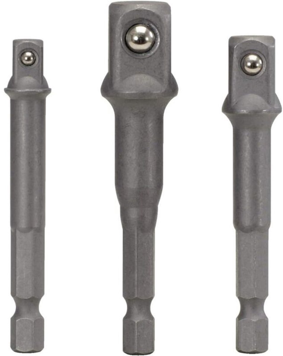 Een set van 3 dopadapters - 6" - 1/4" - 3/8" - 1/2" doppen en bijbehorende sleutelbits.