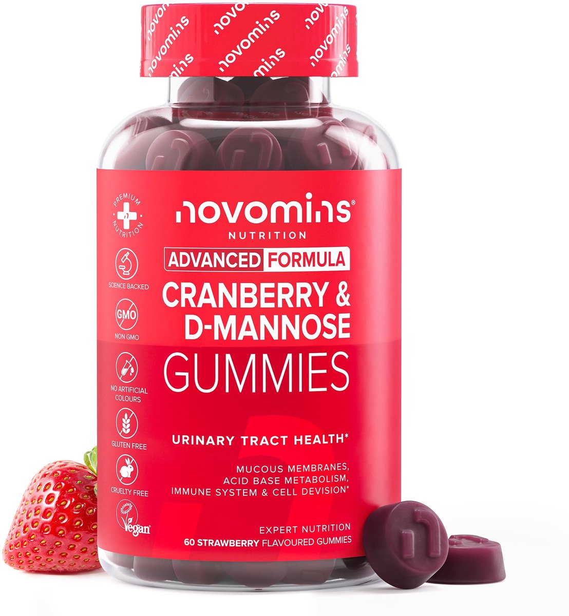 Cranberry & D-Mannose, 600 mg Cranberry-extract, 60 Gummies, Vegan, Halal, Getest door Eurofins, Novomins