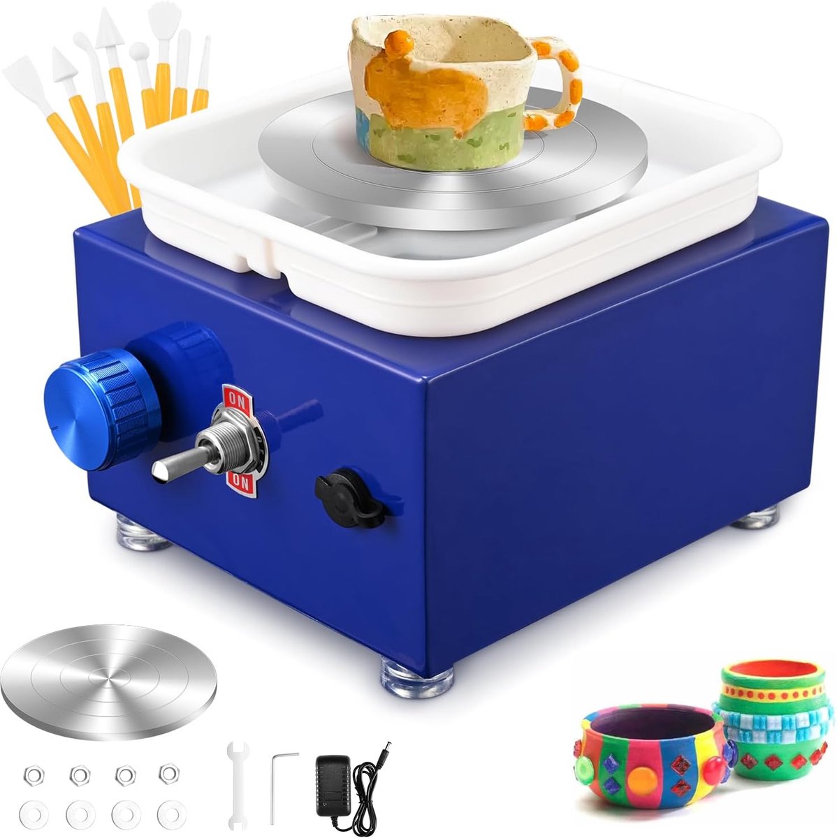 VHV - Pottenbakkersschijf - Elektrische pottenbakkersschijf - Pottenbakken set - Instelbare snelheid - 2000 RPM - Met boetseergereedschap - Voor beginners en volwassenen - Blauw