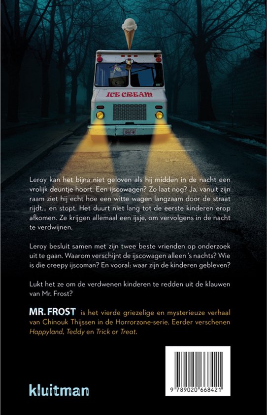 De achterkant van het boek 'Mr. Frost' van Chinouk Thijssen. De tekst bevat een samenvatting van het verhaal en informatie over de auteur.