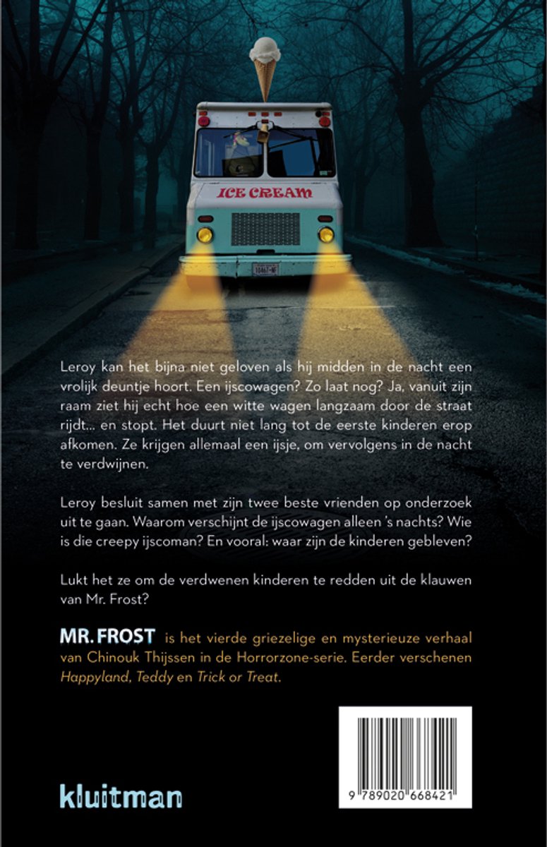 De achterkant van het boek 'Mr. Frost' van Chinouk Thijssen. De tekst bevat een samenvatting van het verhaal en informatie over de auteur.
