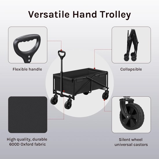 Joholic - Bolderkar - Bolderkar opvouwbaar - Tuinwagen - Kamperen & Strand - 360° Draaibare Wielen - 80 kg Laadvermogen - Zwart van Merkloos — afbeelding 3