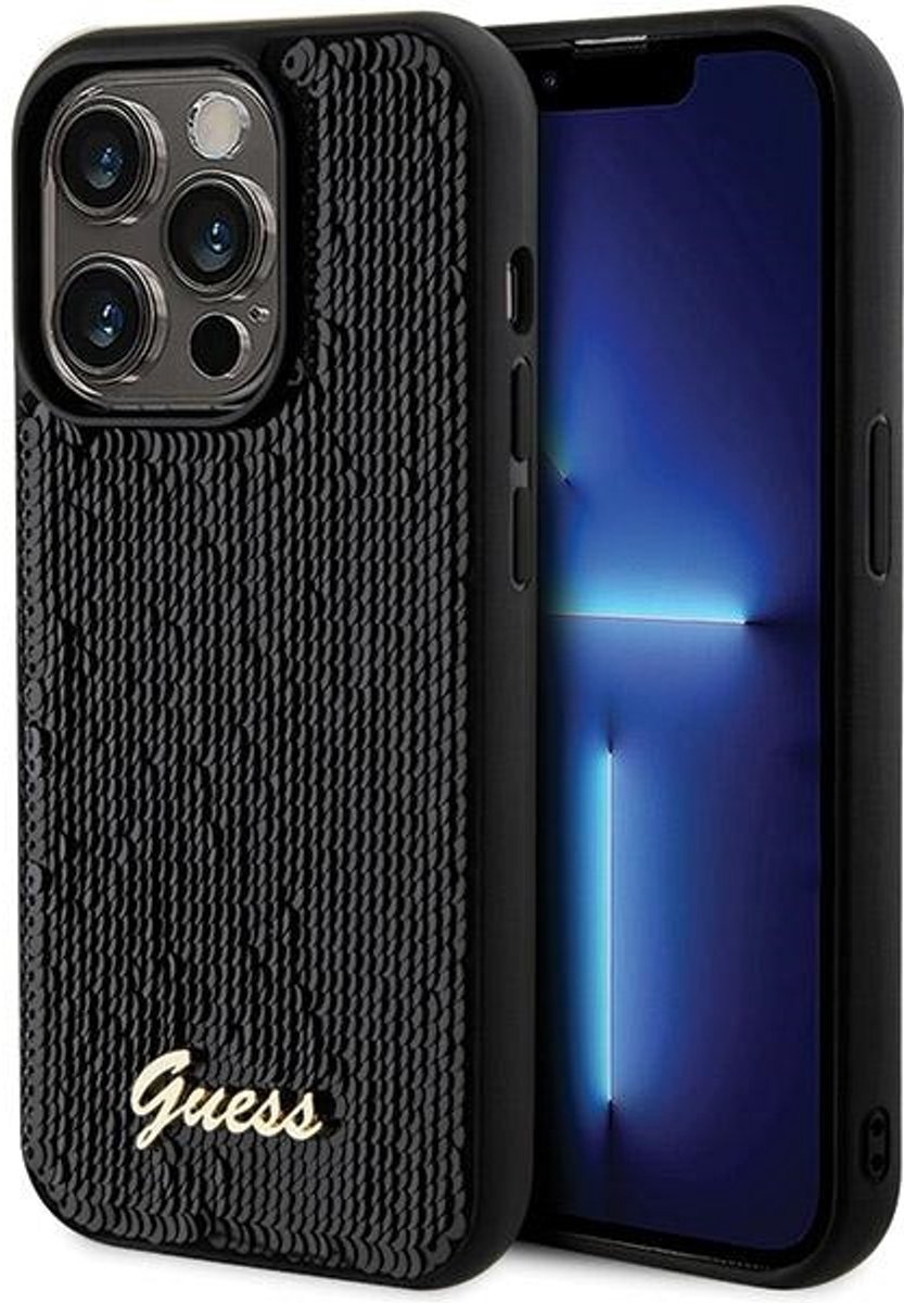 Guess - Sequin - Script Metalen hoesje voor iPhone - 13 - Pro / 13 - zwart