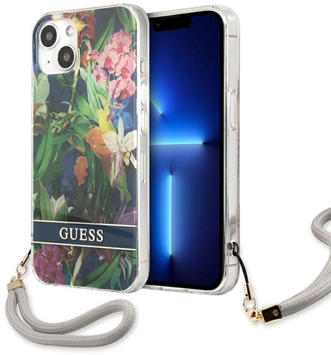Guess - GUHCP13SHFLSB - iPhone - 13 - mini - 5.4 - blauw/blauwe - hardcase - bloemenband