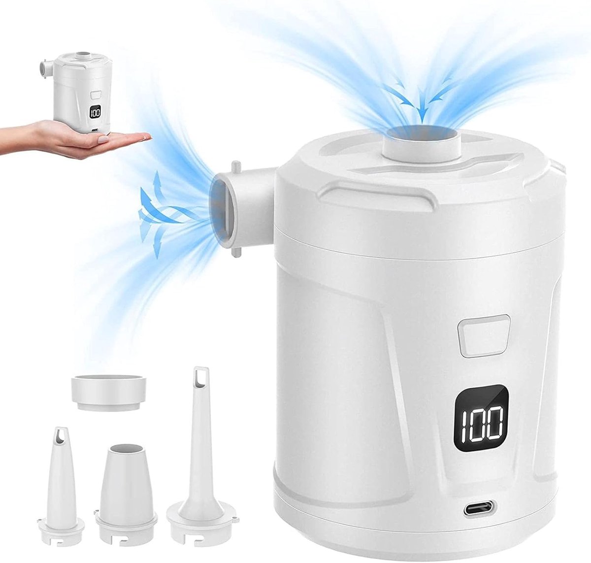 carmdering - Luchtpomp - Draagbare Luchtpomp - Elektrische Luchtpomp - 400 l/min, 4300 Pa, 5200 mAh - Zuig en blaas, meerdere mondstukken - Lichtgewicht, draagbaar - Wit - Perfect voor kamperen, strand en zwembad