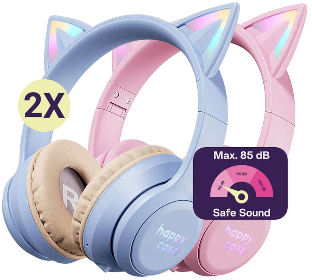 HappyCase Popz - Duo Pack Kinder Koptelefoon Draadloos - Kattenoortjes - Koptelefoon Voor Kinderen - Ledverlichting - Ingebouwde Microfoon - Over-Ear - 85db volumebregrenzer - Bluetooth - Roze & Paars