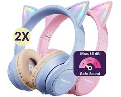HappyCase Popz - Duo Pack Kinder Koptelefoon Draadloos - Kattenoortjes - Koptelefoon Voor Kinderen - Ledverlichting - Ingebouwde Microfoon - Over-Ear - 85db volumebregrenzer - Bluetooth - Roze & Paars