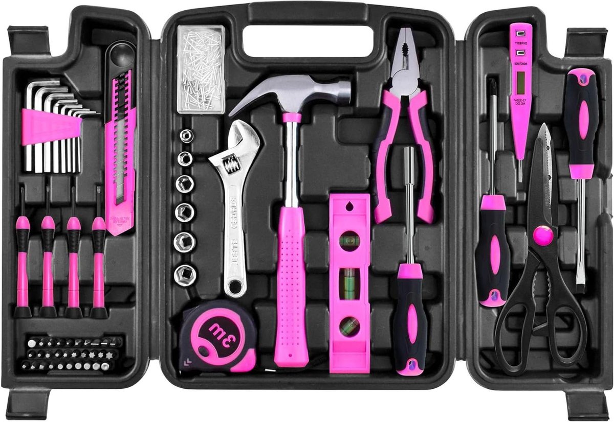 Gereedschapsset - Toolkit Handgereedschap - Klusjes in huis - Roestvrij staal - 206 delig - Roze