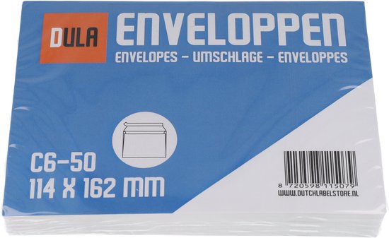 Een verpakking met 50 witte DULA C6 enveloppen, 114 x 162 mm.
