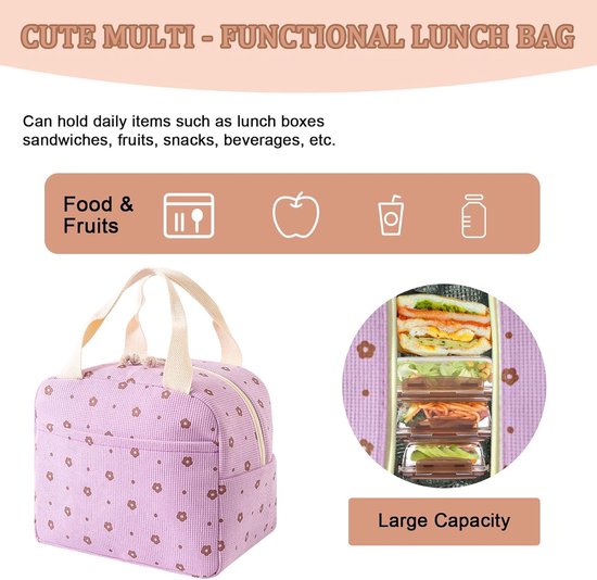 VHV - Lunchtas - Lunchtas dames - Geïsoleerde lunchtas - Geïsoleerde lunchbox voor dames - Corduroy geïsoleerde lunchtas - Voor school - Kantoor - Picknick - Paarse bloemen van Vhv — afbeelding 5