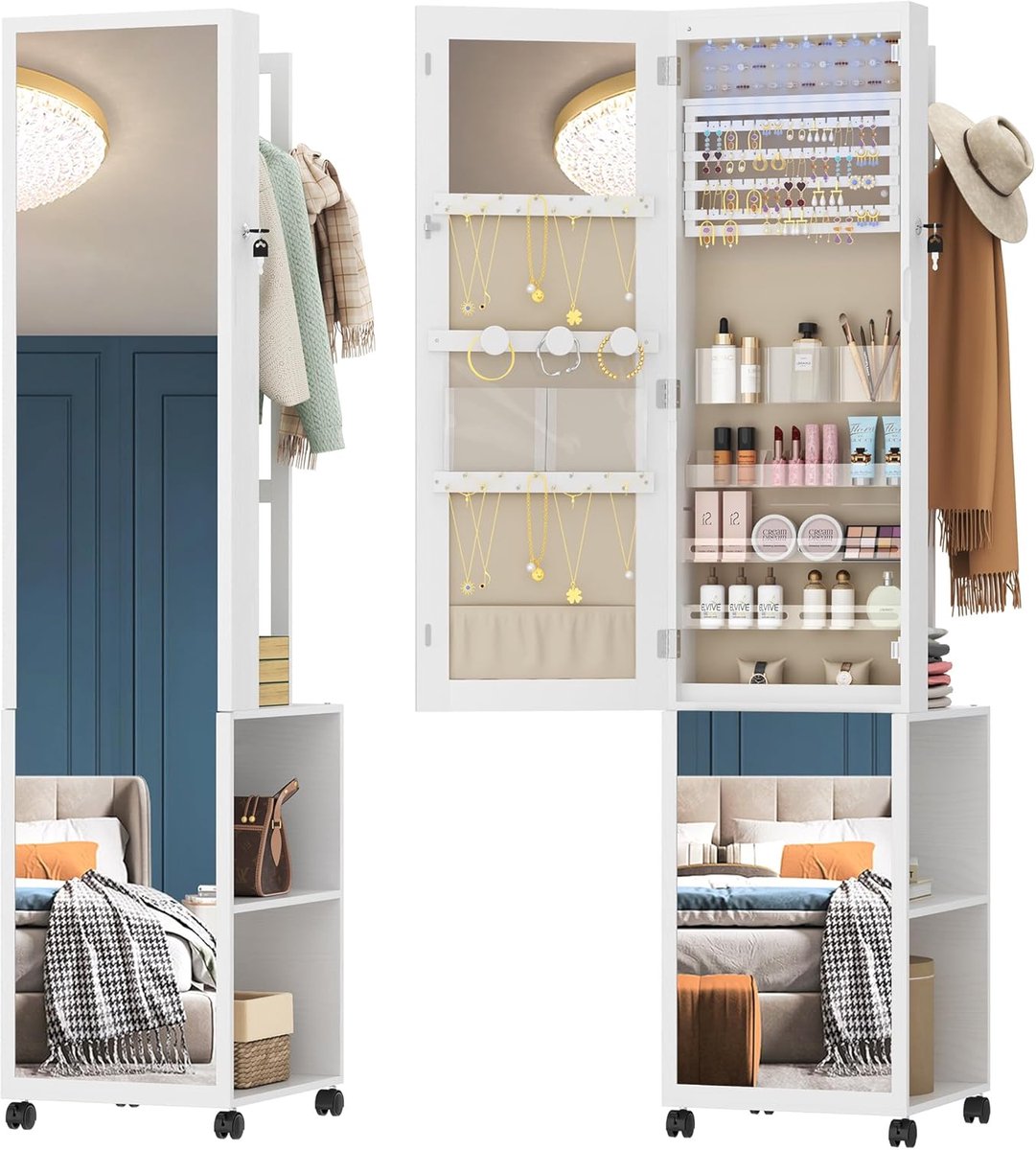 Luxe 5-in-1 Sieradenkast met Spiegel, LED Verlichting en Kledingrek 175 x 40 x 36 cm – Ver