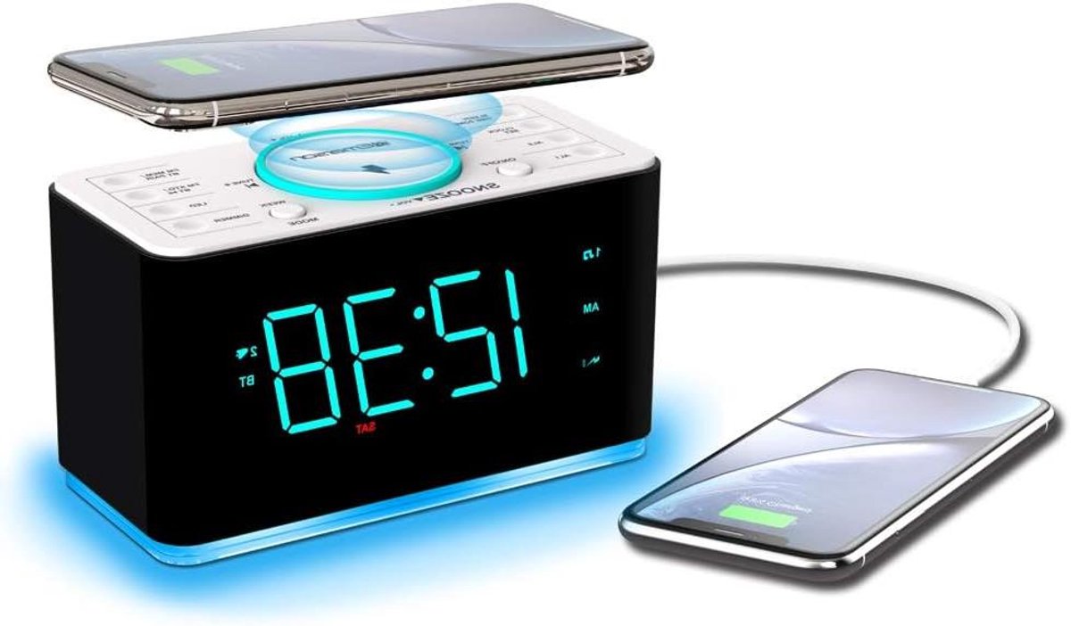 Wekkerradio met Oplader - Digitale Klok Radio - Wakker Worden - Draadloos Laden - 14 Inch Display - Cyaan