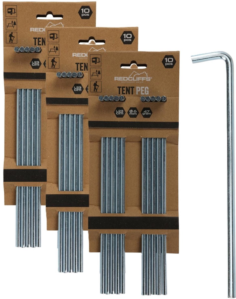 Redcliffs tentharingen - pennen - 30x - zilver - metaal - 23 cm - voor diverse ondergronden - camping - kamperen