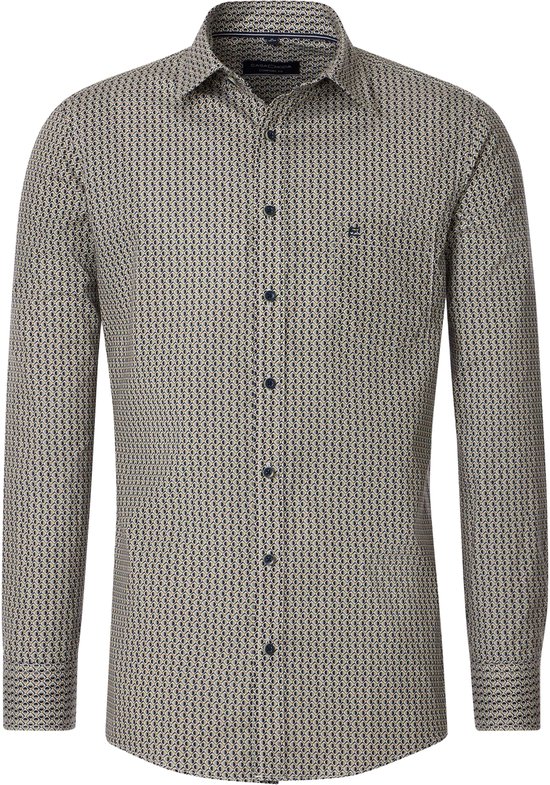 Overhemd met lange mouwen en een geometrisch patroon in blauw, wit en geel. Knoopsluiting middenvoor en een borstzakje.
