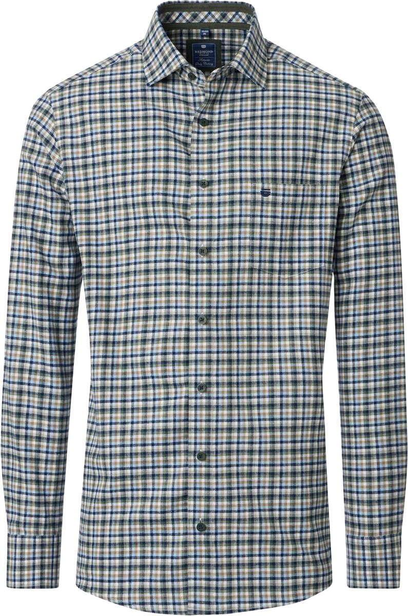 Redmond comfort fit overhemd - flanel - groen met blauw - wit en beige geruit - Strijkvriendelijk - Boordmaat: 47 - 48