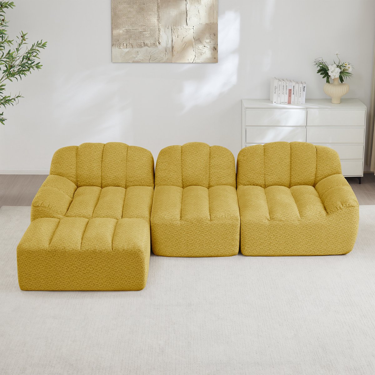 MODFU Modulaire Hoekbank - 3-Zits Met Ottoman - Diepe Zitting - Zonder Frame - Fleecestof