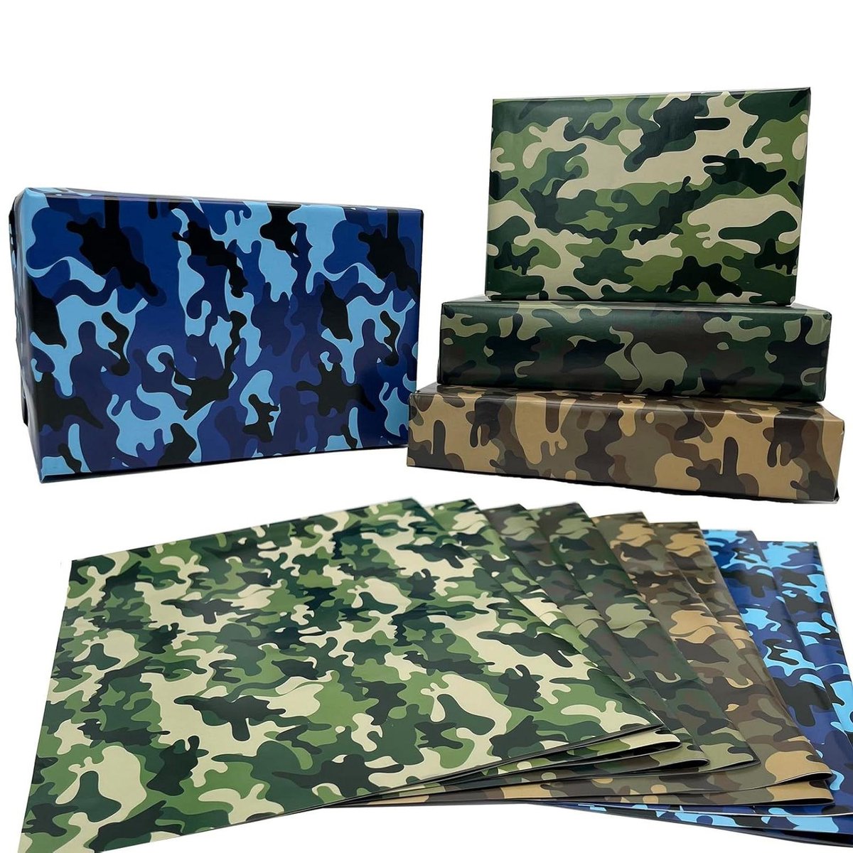 Camo Inpakpapier - Leger Geschenkpapier - Verjaardag Versieren - 4 Verschillende Stijlen - 8 Vellen - Groen Blauw