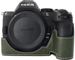 Retro Stijl PU Leer Camera Tas voor Nikon Z5 II - Half Beschermhoes met Handvat en Onderopening - Groene Fototas voor Spiegelreflexcamera