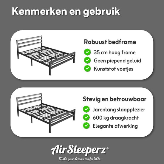 Kenmerken van het zwarte metalen bedframe: 35 cm hoog, geen piepend geluid, kunststof voetjes, 600 kg draagkracht.