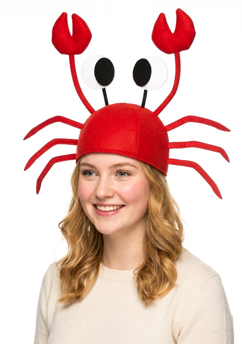 KIMU® Krab Muts met Scharen, Ogen En Pootjes - Rode Garnaal Zeedier Rood Grappig Zee Aquarium Hoed Festival
