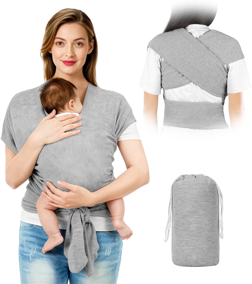 carmdering - Babydraagzak - Stretchy Draagzak - Ergonomische Draagzak - 95% katoen, 5% spandex, tot 15 kg - Zacht, ademend, heupvriendelijk - Verstelbaar, meerdere posities - Grijs - Geschikt voor pasgeborenen tot peuters