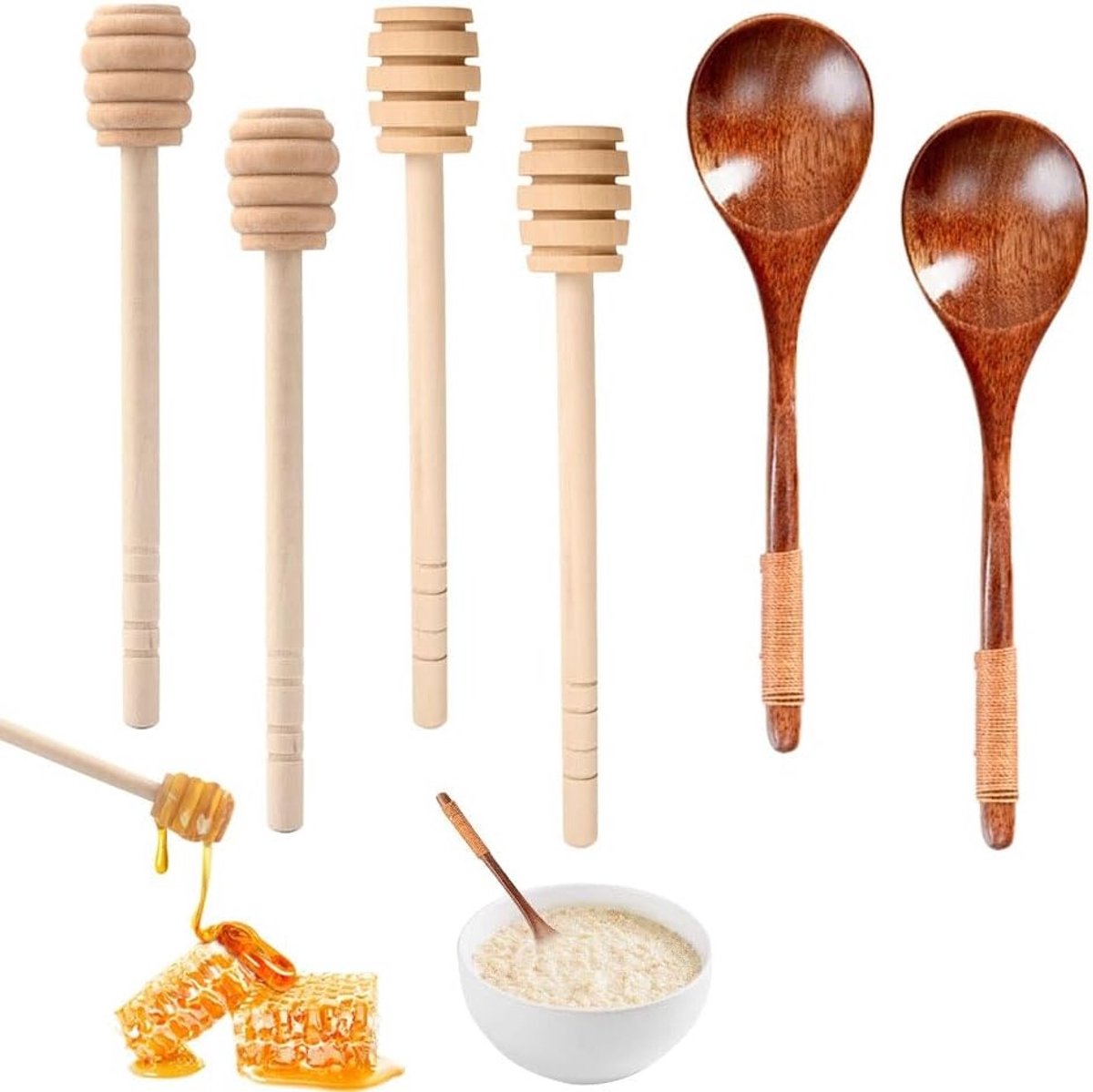 Set van 6 honinglepels en roerstaafjes - 2 houten honinglepels + 4 honingpot roerstaafjes voor thee en koffie