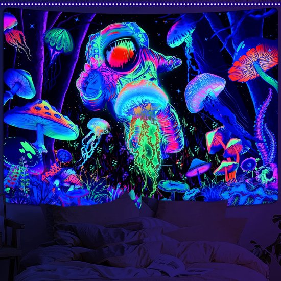 Dailygoody - Blacklight Wandtapijt - Psychedelisch Wanddoek - Uniek design - 210 x 150 cm - Astronaut Muurkunst - Perfect voor Slaapkamer - Home Decor