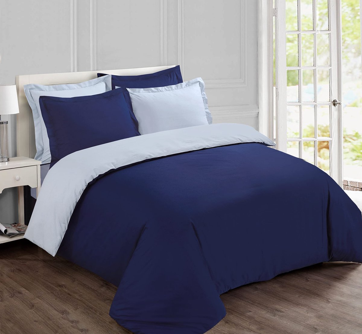 Dailygoody - Dekbedovertrek - Omkeerbaar Beddengoed - 260 x 240 cm - Katoenen Dekbedovertrek - Marineblauw en Grijs - Geschikt voor Tweekpersoonsbed -