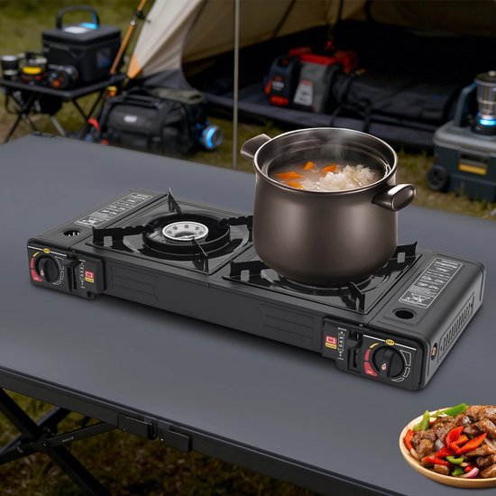 Draagbaar Camping Kooktoestel met 2 Branders - Inclusief Bakplaat & Draagkoffer - Gasstel 2x 2500W - Piezo-ontsteking - Zwart van Draagbaar — afbeelding 3