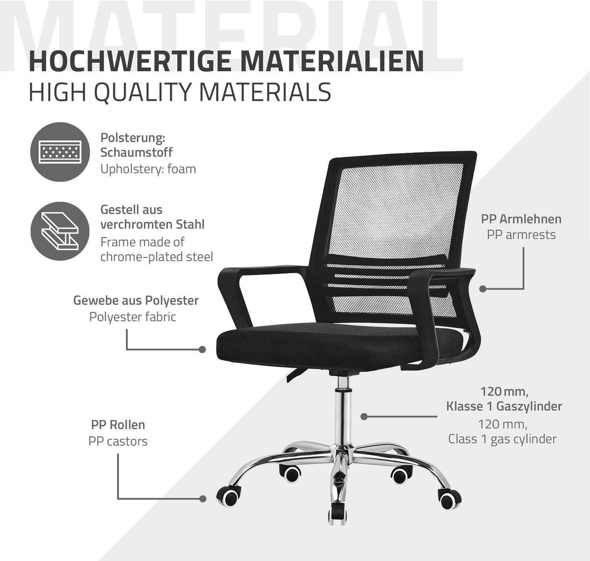 Ergonomische bureaustoel, zwart, in hoogte verstelbare bureaustoel met armleuningen, wielen, computerstoel 360° draaibare stoel gaming stoel ML-Design thumbnail 5