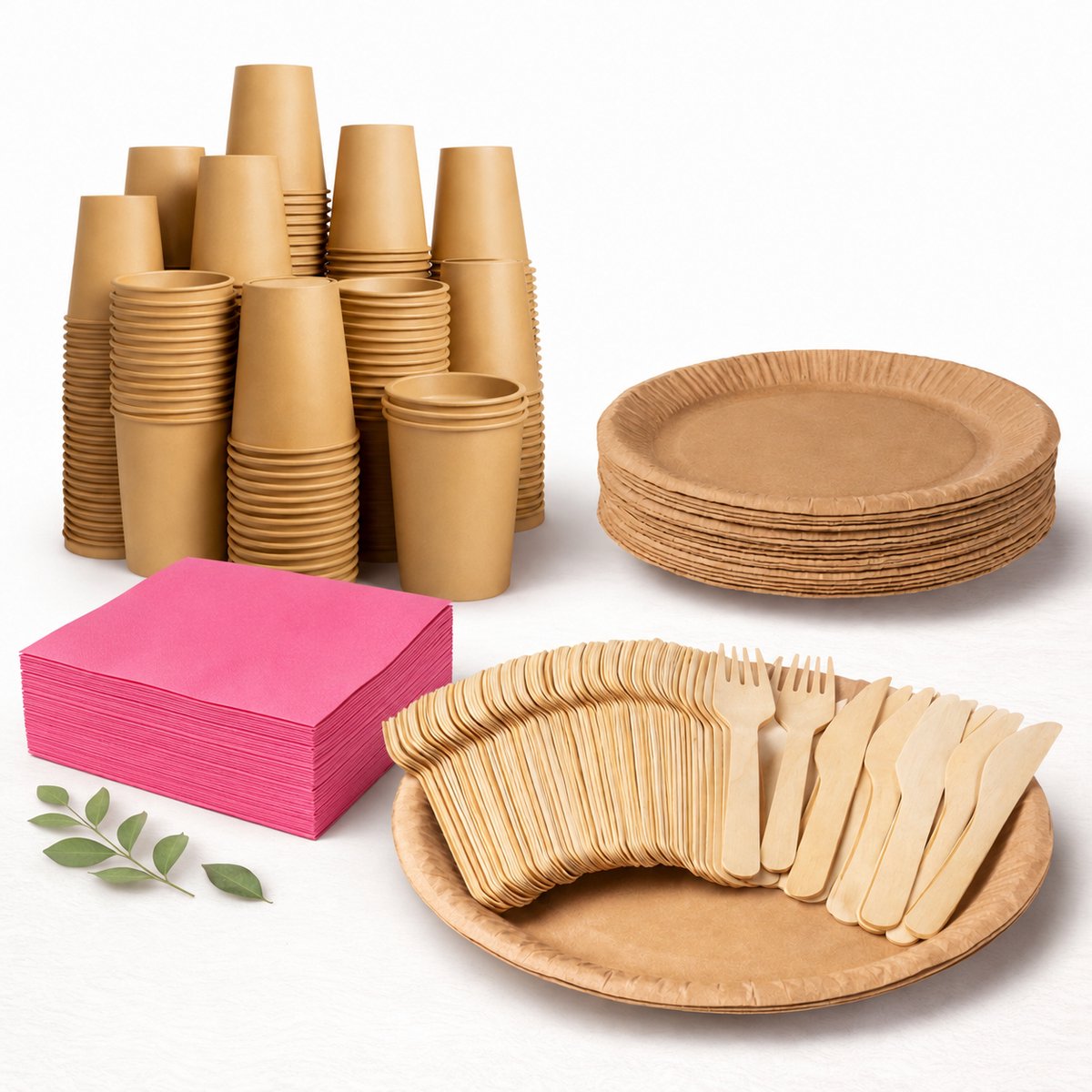 250 stuks x Houten wegwerp bestek set eco/milieubewust – 50 bruine kartonnen borden 23cm + 50 kartonnen bekers 240ml+ 50 Vorken 16cm + 50 messen 16cm+ 50 servetten roos 32x32cm Feest/verjaardag/BBQ picknick