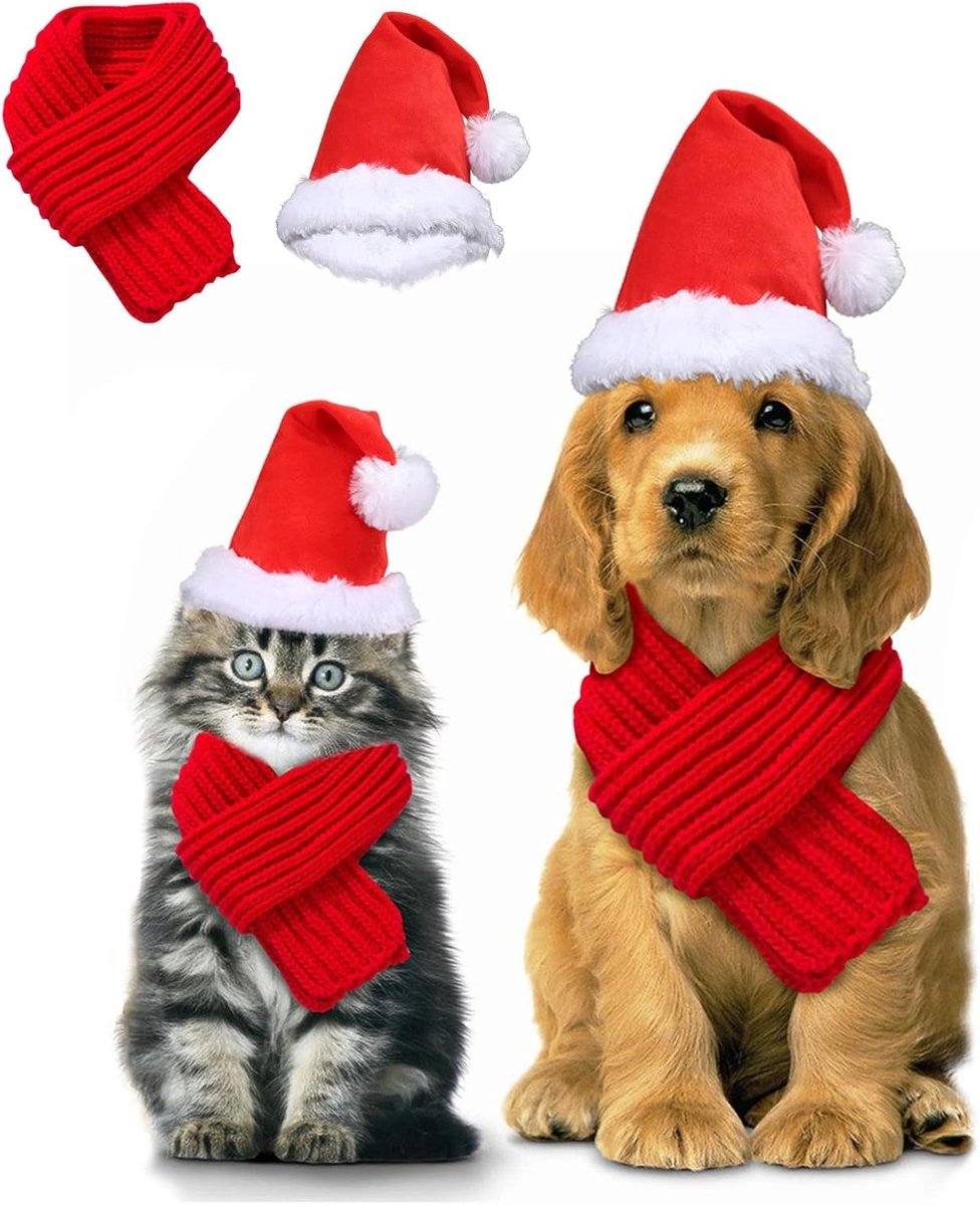 Set van 2 Kerstkostuums voor Honden en Katten met Sjaal en Pluche Kerstmuts voor Kleine en Middelgrote Huisdieren