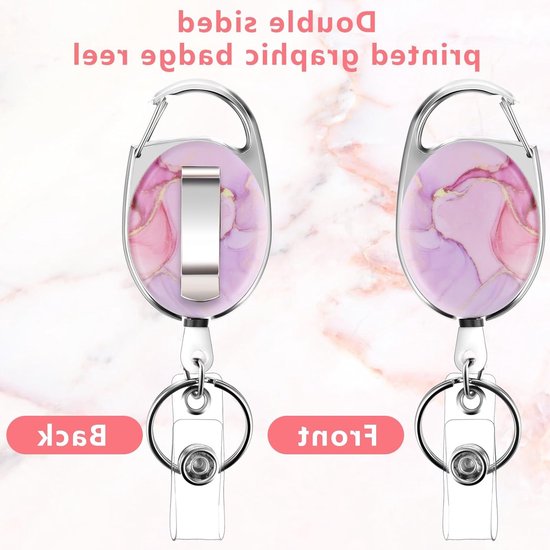 Dubbelzijdige Retractable Badge Reel met Marmerpatroon, Duurzame Sleutelhanger en Clip voor Identificatie en Sleutels, Perfect voor Werk en Evenementen (Roze Marmer) — afbeelding 2