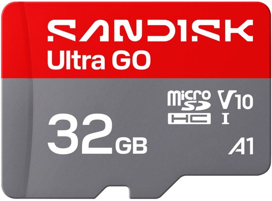 SanDisk Ultra GO microSDHC kaart, 32 GB, grijs en rood, met tekst.