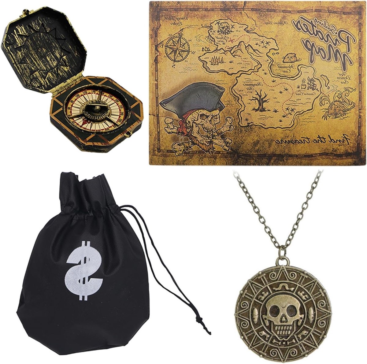 Piratenkostuum voor mannen met kompas, goudmuntentas, kaart en schedel voor Halloween, carnaval en themafeesten
