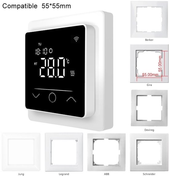 Witte slimme thermostaat met zwart display (28.0°C) en demonstratie van compatibele afdekraampjes.