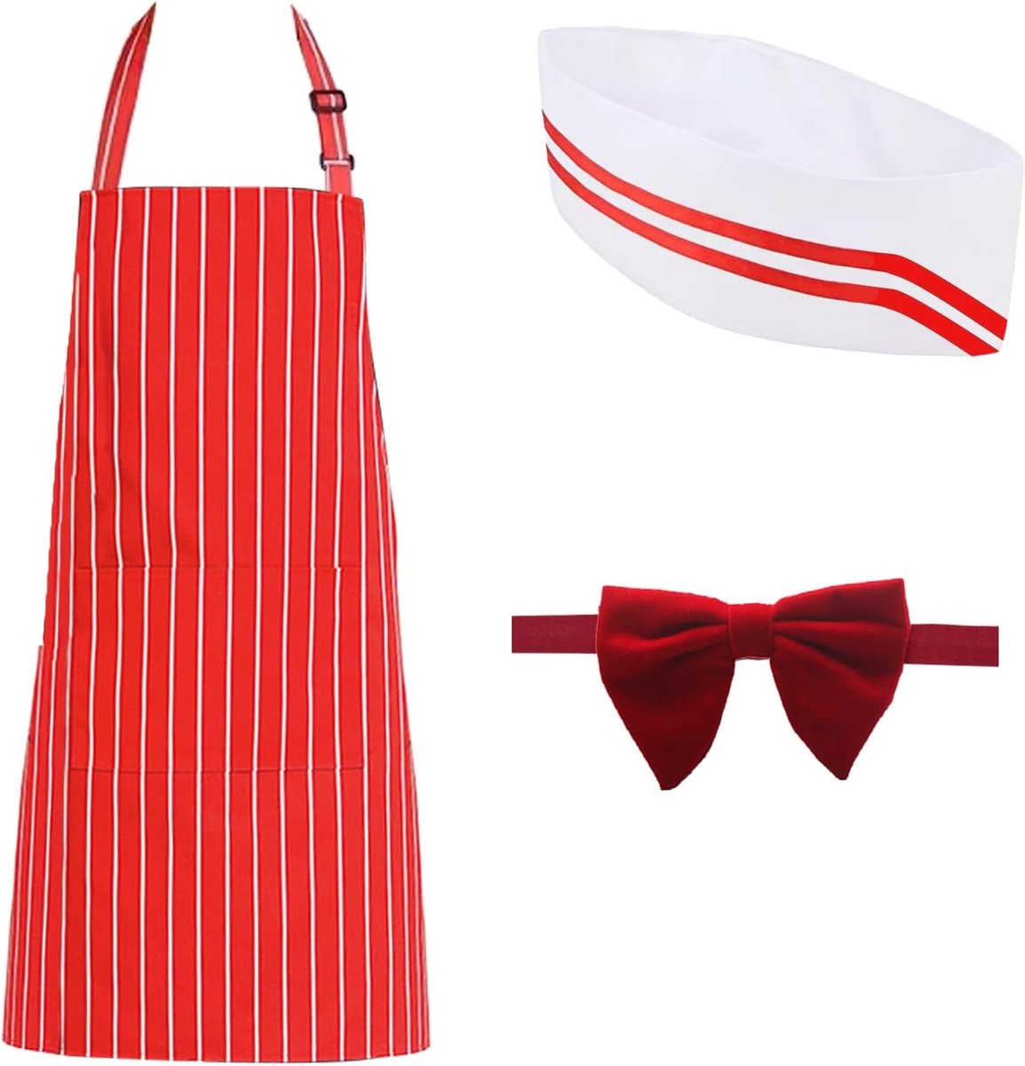 50s Waiter Kostuum Set met Rode en Witte Gestreepte Schort, Chef Hoed en Verstelbare Strikjes voor Volwassenen - Perfect voor Carnaval, Halloween en Themapartijen