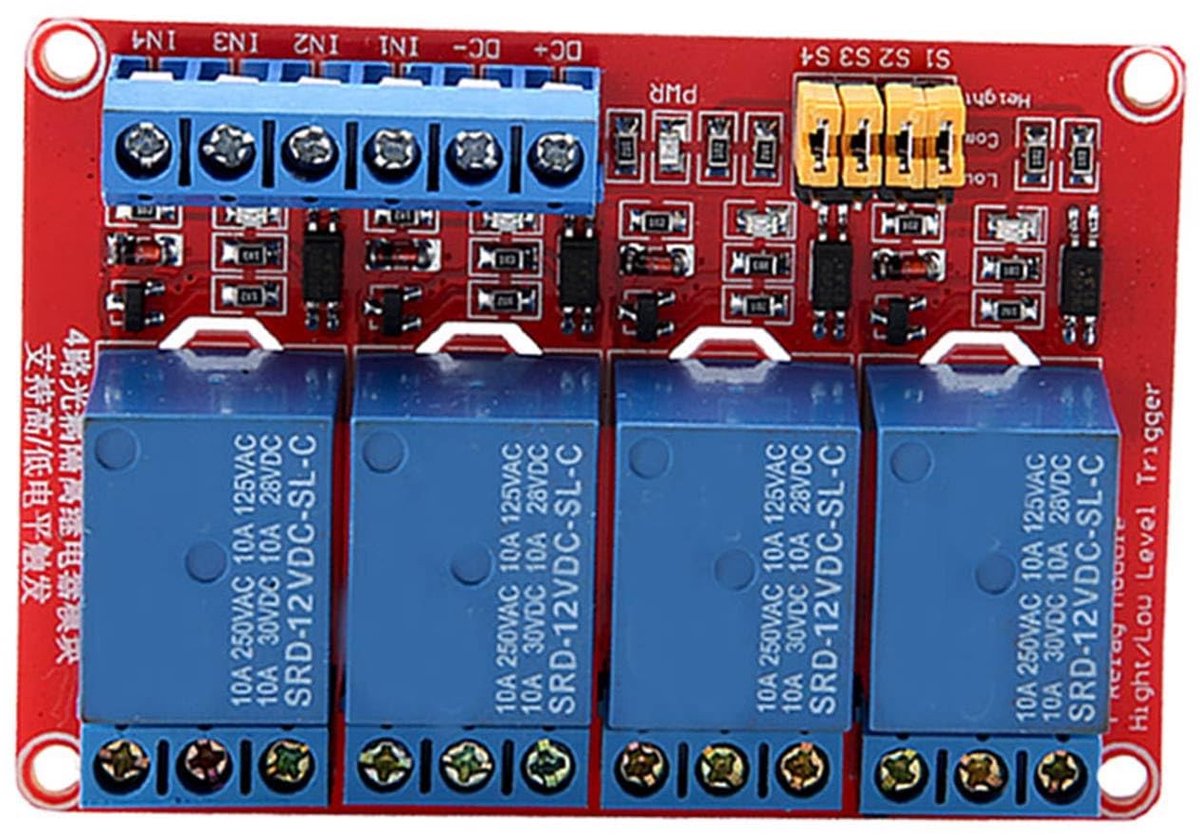 Dailygoody - 4-kanaals relaismodule - Optocoupler - Hoog-laag niveau trigger - 12V - Geschikt voor diverse toepassingen - Compact formaat