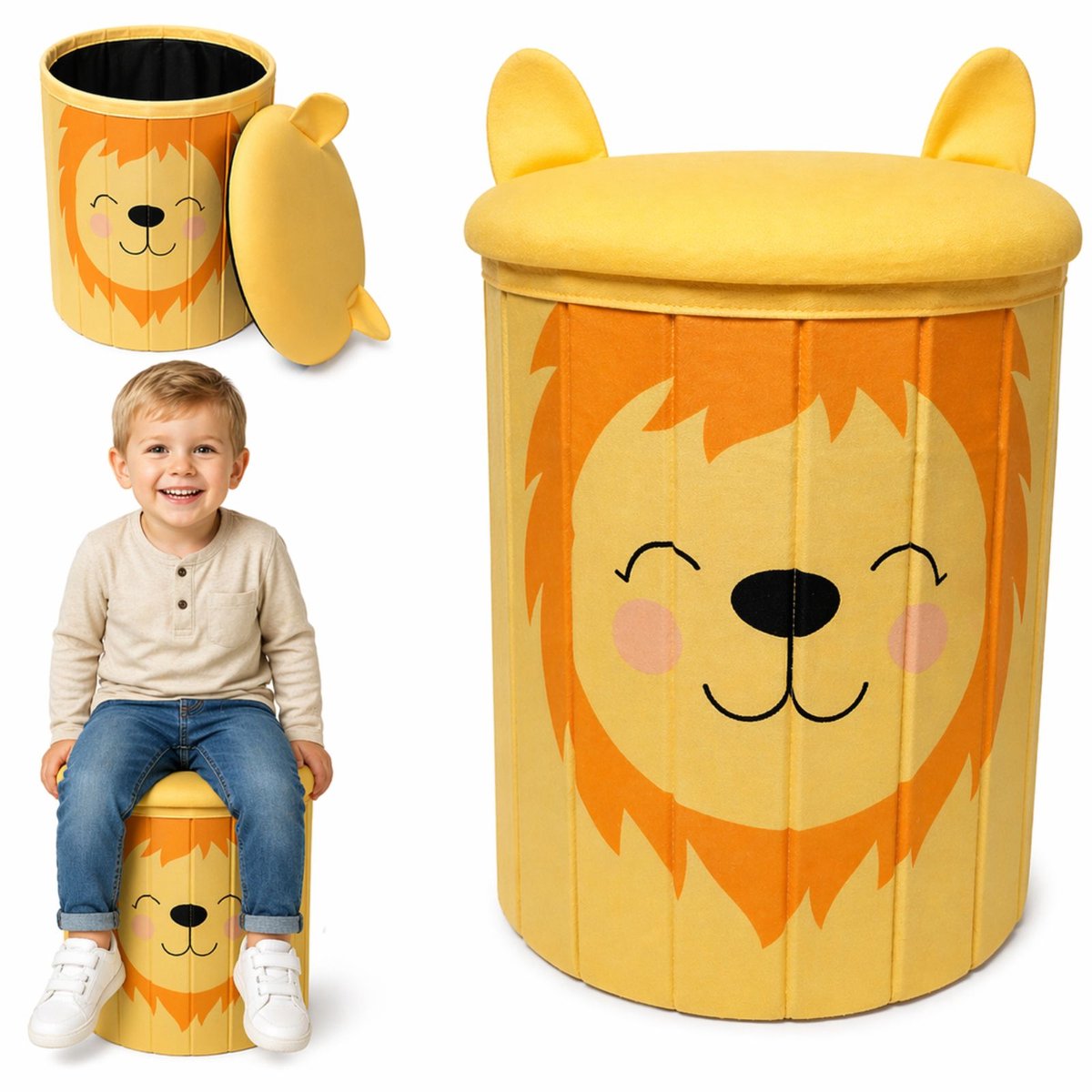Luxaliving- Opvouwbare Opbergpoef – Leeuw Design – Opbergkruk met Deksel – Opbergbox Speelgoed – Zitkruk met Opbergruimte – Inklapbaar – Rond – Geel – 28x28x34 cm
